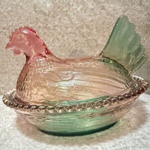 Charming Glass Hen Dish in Pink and Green